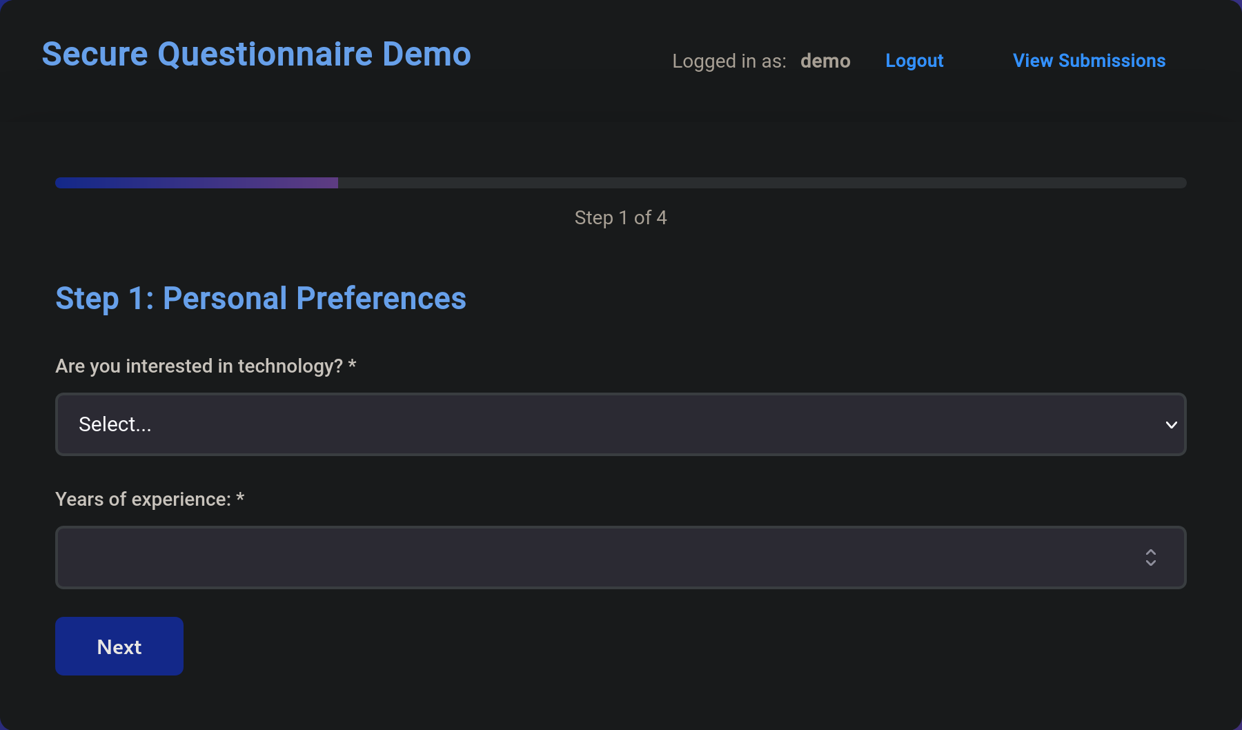 Secure Interactive Questionnaire screenshot